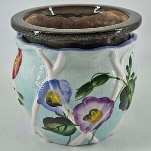 Vintage pottery Violet Pot hand painted floral 2 part Self Watering Planter